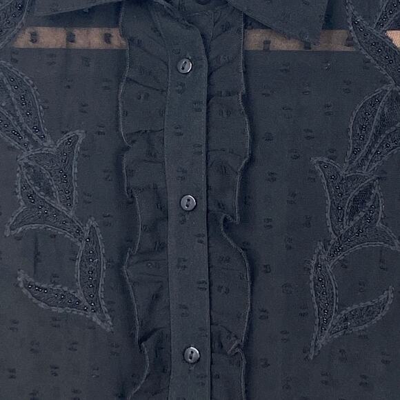 2/$30 ZARA Embroidered Ruffle Button-Down Sheer Blouse XS Floral Black #6267 - Picture 9 of 14